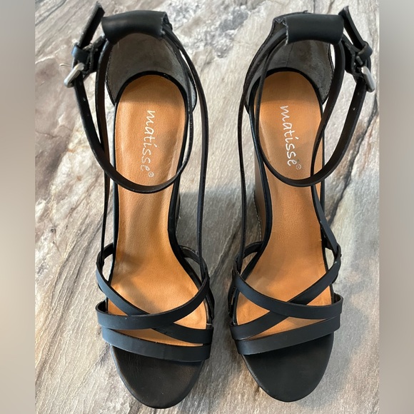 Matisse “Joss” Stacked Wedge Sandals 7.5 Black Leather 5” Heel 1” Platform - Picture 8 of 16